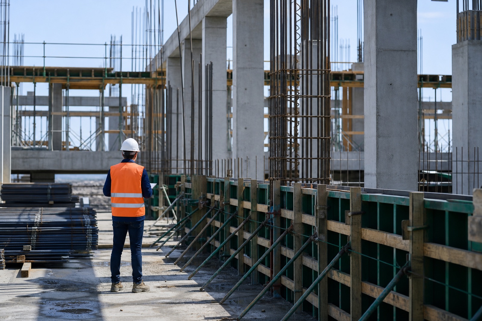 Site engineer inspecting reinforcement and formwork on a generic building site